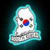 South Korea's flag on a vibrant neon sign against a map backdrop.