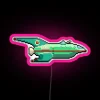 Neon-lit spaceship with pink accents and glowing engine details in space.