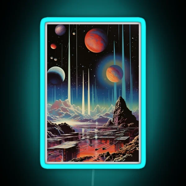 Space Landscape Of Futuristic City Mountains RGB Neon Sign