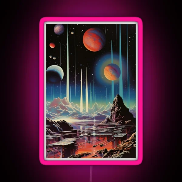 Space Landscape Of Futuristic City Mountains RGB Neon Sign