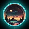 Neon-lit space station on a distant utopian planet, shining brightly in the cosmos.