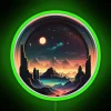 Neon-lit futuristic space station or planet base with a green and vibrant color scheme.