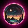 Utopian planet base with neon sign in a futuristic, space race-inspired setting.