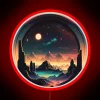 Neon-lit space station with futuristic cityscape on utopian alien planet.