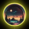Space-themed neon sign with utopian planet base concept in bright yellow colors.