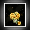 A colorful neon sign featuring a stylized sunflower with sparkling, vibrant colors shining bright in a white background, s...