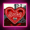 Neon pink spätzle sign in a colorful, retro-style storefront.