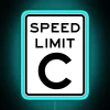 Neon speed limit sign with blue digits on a dark background.