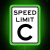 Green neon speed limit sign on a dark background with glowing digits.