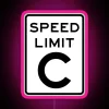 Neon speed limit sign with pink digits against a dark background.