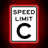 Neon speed limit sign with red digits on a dark background.