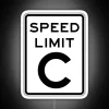 Neon speed limit sign with illuminated red background.
