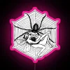 Spider web neon sign featuring pink fairy silhouettes in a futuristic, RGB lighting effect