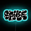 Neon blue spike design sign with vibrant RGB colors.