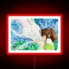Spirited Away's Haku and Chihiro in front of a colorful neon sign inspired by Japanese culture