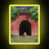 Neon-lit tunnel entrance from Spirited Away, with vibrant yellow hues.
