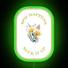 Colorful neon sign with bold font reading "Spit Happens Suck It Up" in a dental-themed design, featuring a green and RGB c...