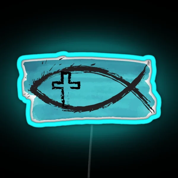 Splashy Ichtys Fish And Cross On Blue RGB Neon Sign