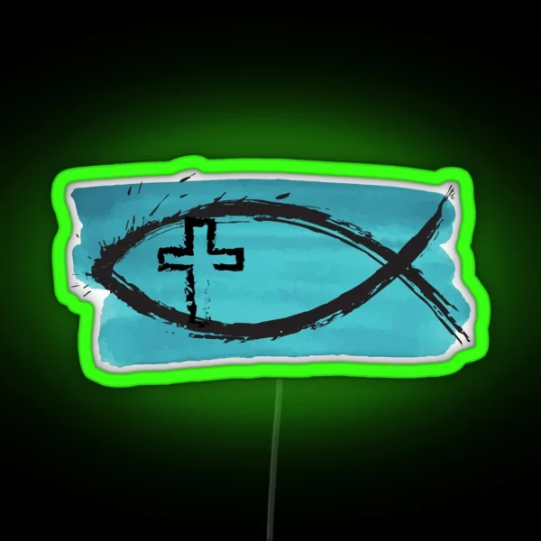 Splashy Ichtys Fish And Cross On Blue RGB Neon Sign