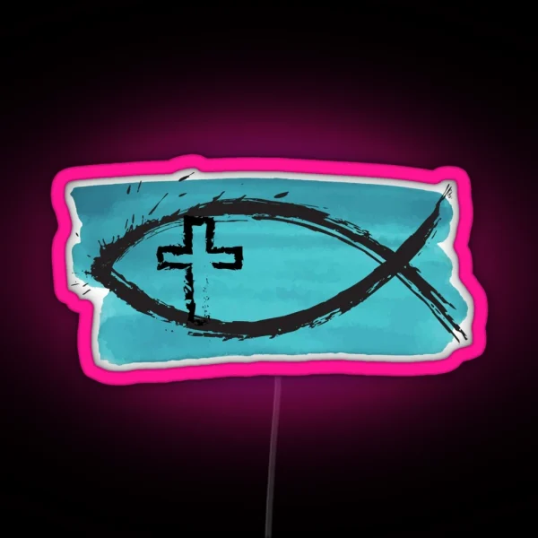 Splashy Ichtys Fish And Cross On Blue RGB Neon Sign