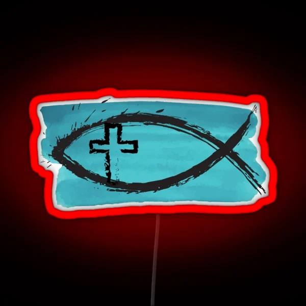 Splashy Ichtys Fish And Cross On Blue RGB Neon Sign