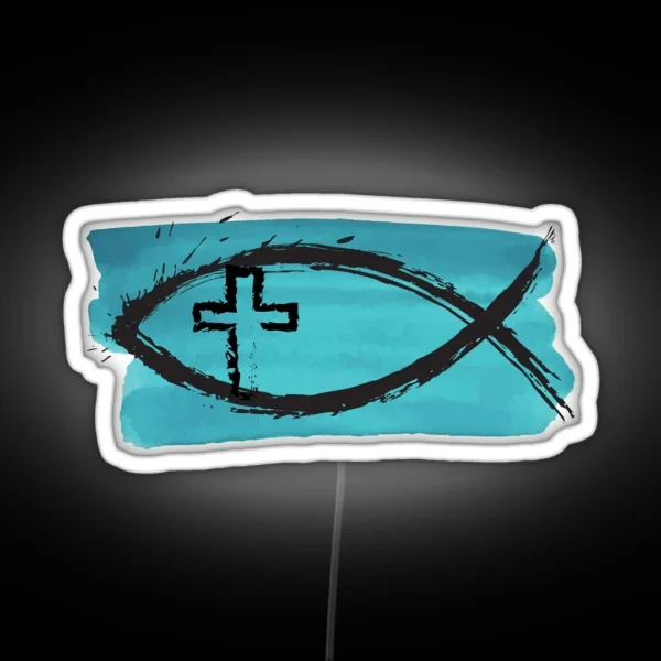 Splashy Ichtys Fish And Cross On Blue RGB Neon Sign