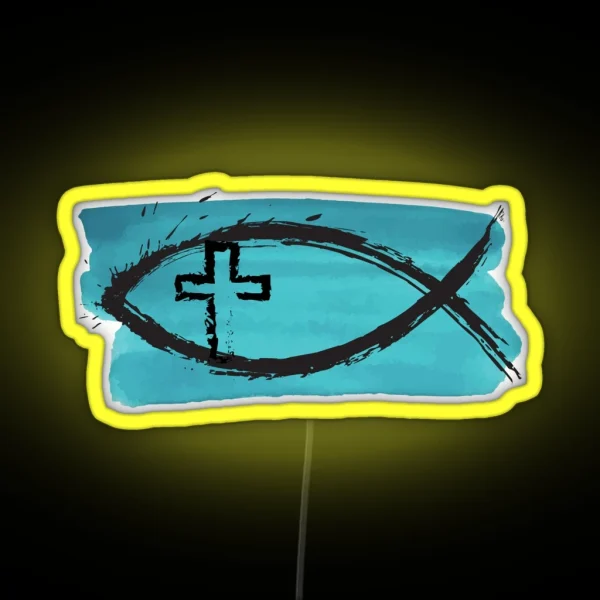 Splashy Ichtys Fish And Cross On Blue RGB Neon Sign