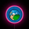 SpongeBob waving at a neon sign with a fish design in pink