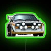 Racing sports car with neon lights on a green background.