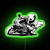 High-performance motorcycle cornering, neon-lit sports bike leaning into turn, green illuminated road.
