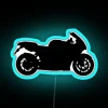 Neon-lit sportbike silhouette on a blue background.
