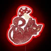 Kitten standing in front of a vibrant RGB neon sign with glowing mushrooms.