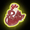 A neon-lit kitten standing on its hind legs, holding a sign with an arrow pointing to a mushroom in a bright yellow backgr...
