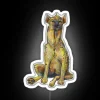 A spotted hyena standing in front of a neon sign reading "Hyenas" in bold, white letters, with vibrant colors and electrif...