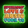 Neon tour bus with vibrant green sign reading 'Spreadin' Love and Music Tour' in bold letters.