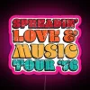 Neon sign featuring a pink design with musical notes and hearts, promoting a concert tour.
