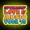 Neon sign featuring colorful graphics of music notes, guitars, and other musical elements at a concert or music festival.