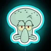 Squidward's expressive face illuminated by vibrant neon lights.