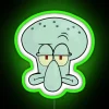 Squidward's disappointed expression is displayed on a bright green neon sign.
