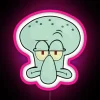 Squidward's concerned expression illuminated in neon pink hues.