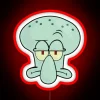 Squidward's expression in neon lights, with a reddish glow.