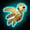 Neon sign featuring Squirt from Finding Nemo in a vibrant blue color.
