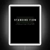 Neon sign with bold, colorful letters reading 'Standing Firm' in a modern, urban setting.