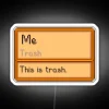 Neon sign with trash item logo reimagined as Stardew Valley character, pastel colors and bold typography