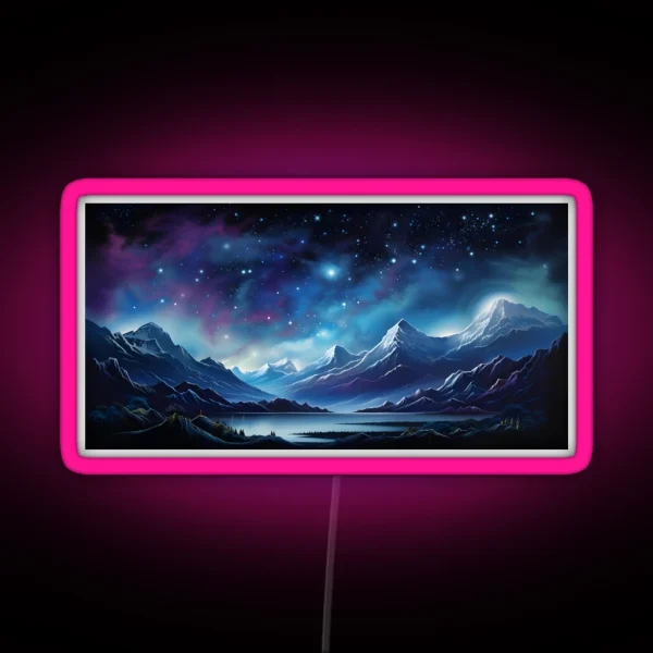 Starry Night Over Snowy Peaks Celestial Serenity RGB Neon Sign