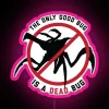 Neon sign with the phrase 'The only good bug is a dead bug' in bold, colorful letters from the movie Starship Troopers.