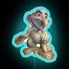 Elven Figure with Smiling Face, Large Ears, and Protruding Nose, Standing on a Rock Under Neon Lighting