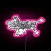 Steampunk-inspired grasshopper amidst vibrant neon lights in a pink hue.