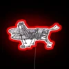 Steampunk-inspired, glowing grasshopper perched on a neon-lit sign with vibrant red accents.