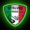 Motorcyclist navigates Stelvio Pass with colorful LED neon sign illuminating in the background.